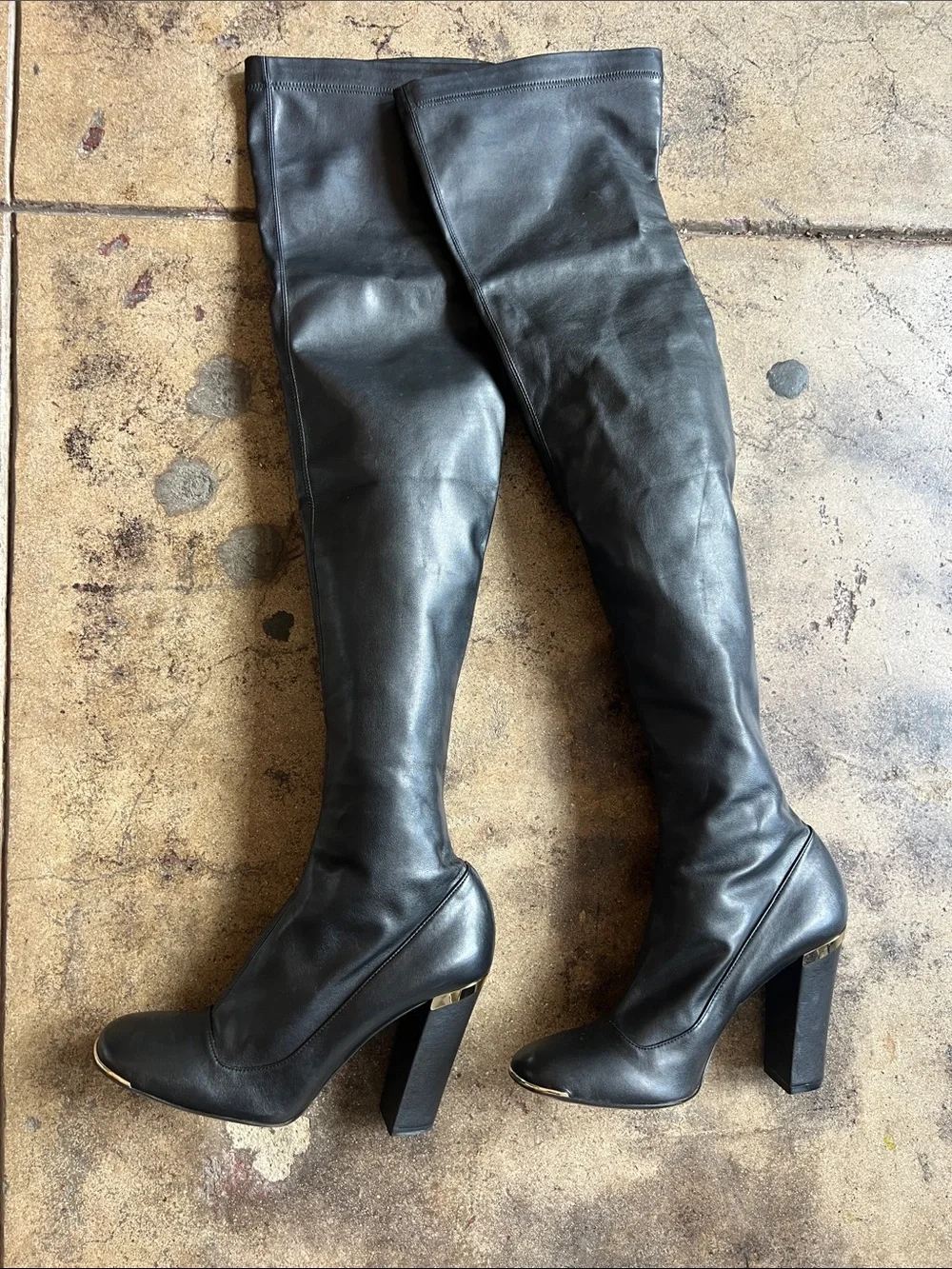 Stella McCartney Black Over-the-Knee Leather Boots with Gold Accent